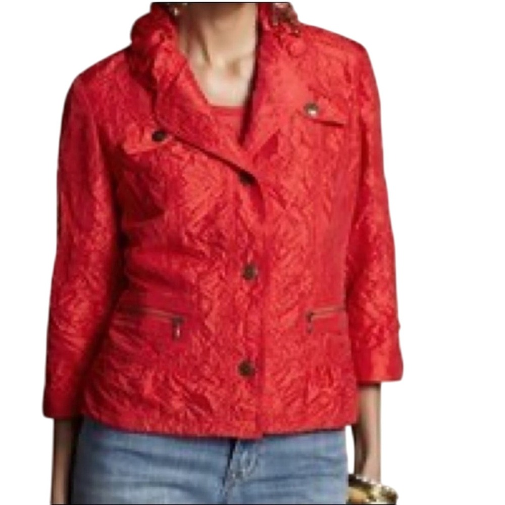 Chico's Crinkle Moto Chic Textured Button Front Jacket Womens Size 2 Red Utility